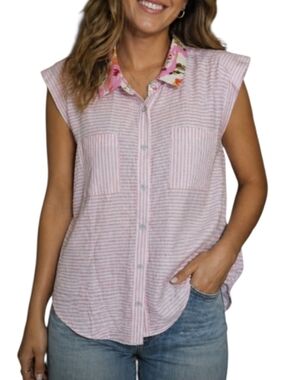 Cabi Striped Pink Linen Blend Button-Front Floral Top